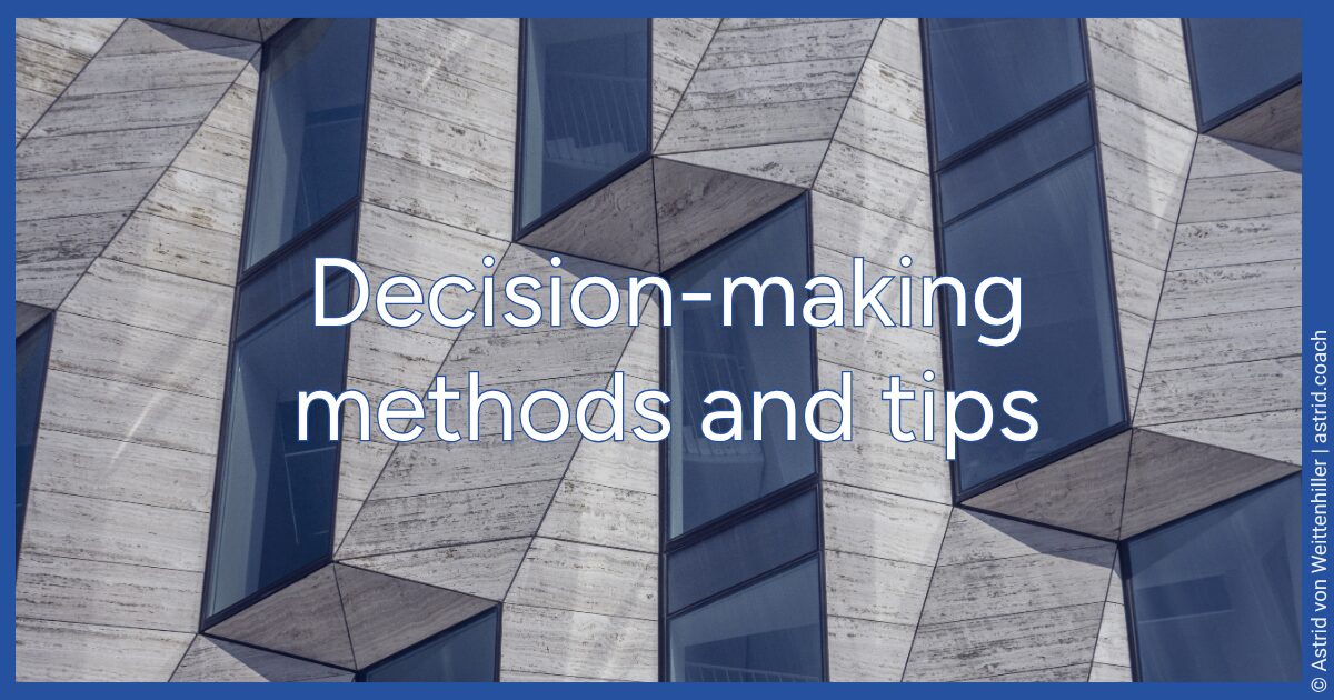 Modern building facade with many windows in a regular grid pattern, architectural detail close-up. Title: Decision-making methods and tips